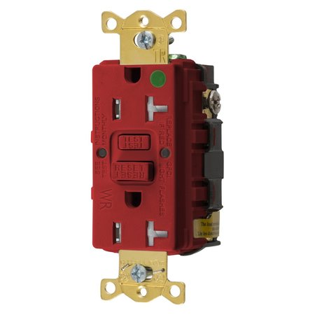 BRYANT GFCI Receptacle, Self Test, Tmpr and Wthr Resistant, 20A 125V, 2-Pole 3- Wire Grndng, 5-20R, Red GFST83RTR